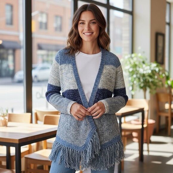 Lucky Brand Sweaters - Lucky Brand Cardigan Women L Blue White Fringe Boho Tunic Fuzzy Cottage Sweater